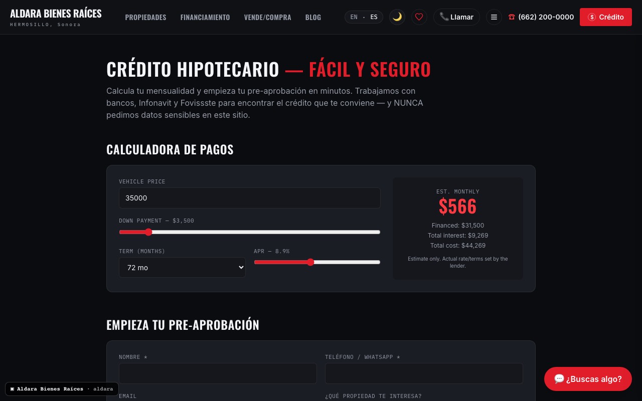 Sitio construido por VENDAU — Aldara, financiamiento